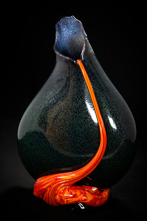 Glass vase in black with orange lava flow