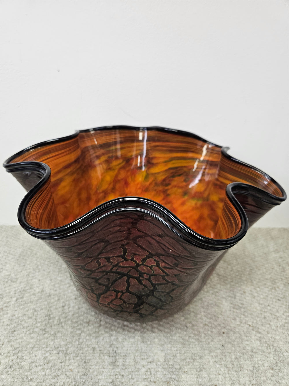 Kilauea Crackled Bowl w/ Black Lip ~ Original Glass